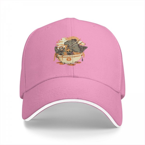 Black Baseball Cap with Dinosaur Eating Ramen Graphic