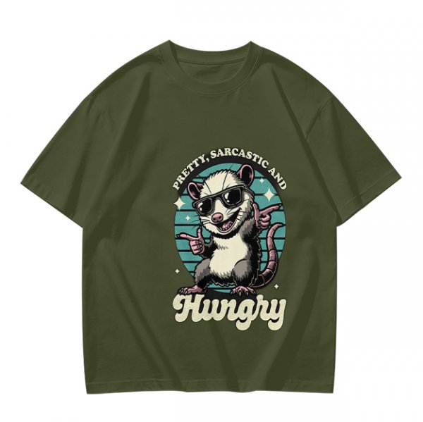 Olive graphic tee with sarcastic hungry opossum in sunglasses