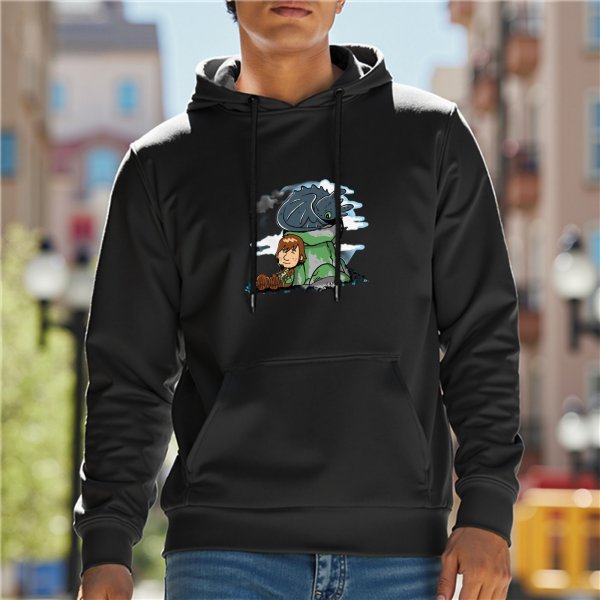 Black hoodie with How to Train Your Dragon Hiccup and Toothless graphic