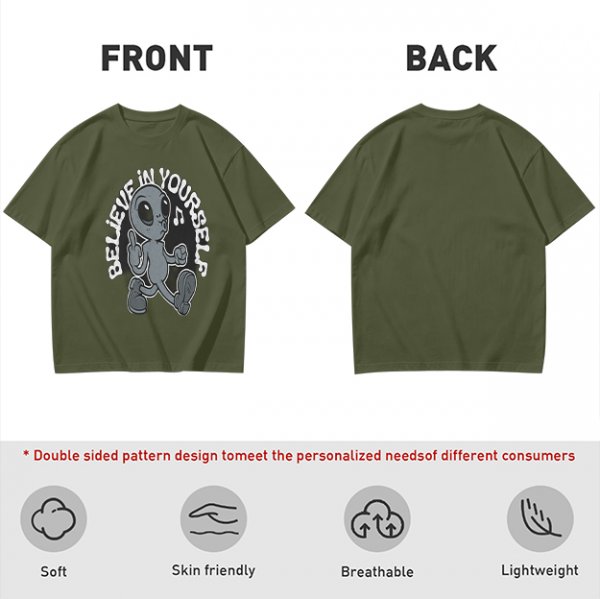 Oversized Olive T-Shirt With Alien 'Believe In Yourself' Graphic