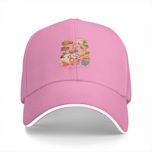 Black baseball cap with Kirby and assorted pastries graphic