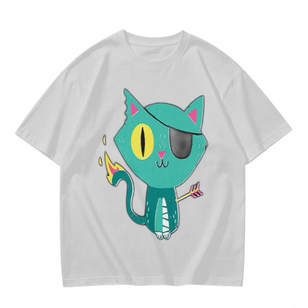 Olive Green T-Shirt With Pirate Cat Graphic Print