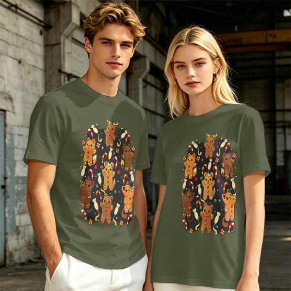 Olive T-Shirt With Cute Gingerbread Animal Christmas Print