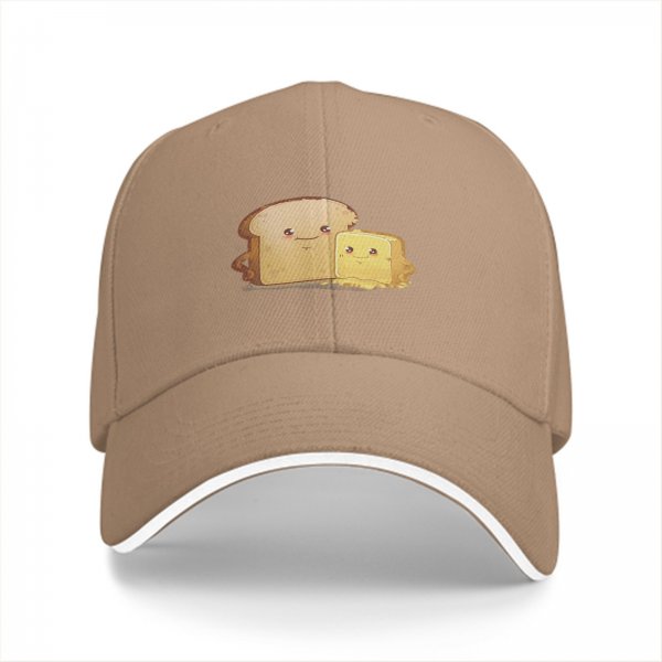 Black Baseball Cap With Cute Bread And Butter Cartoon Print