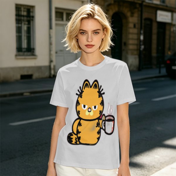 Olive T-Shirt With Grumpy Orange Cat Holding Hot Coffee Print