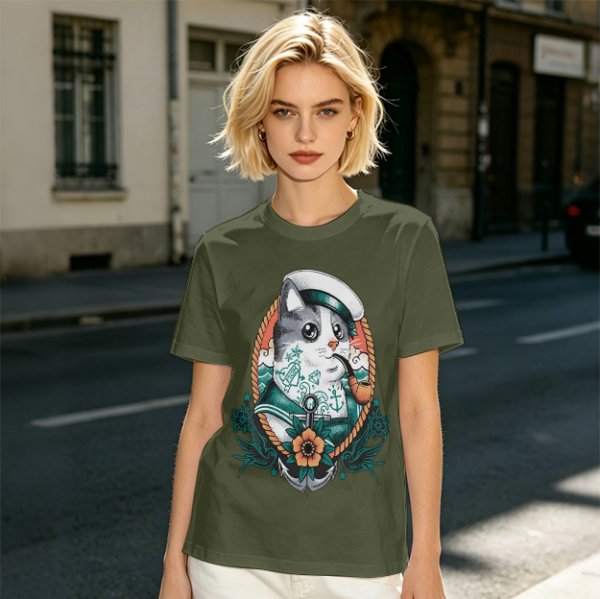 Olive T-Shirt With Sailor Cat Tattooed Pipe Design