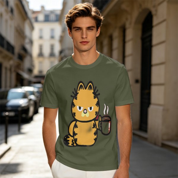 Olive T-Shirt With Grumpy Orange Cat Holding Hot Coffee Print