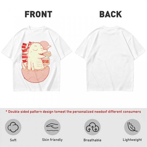 Olive t-shirt with a cartoon dinosaur in a ramen bowl graphic