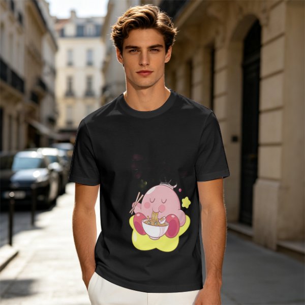 Olive T-shirt Featuring Kirby Eating Ramen on a Warp Star