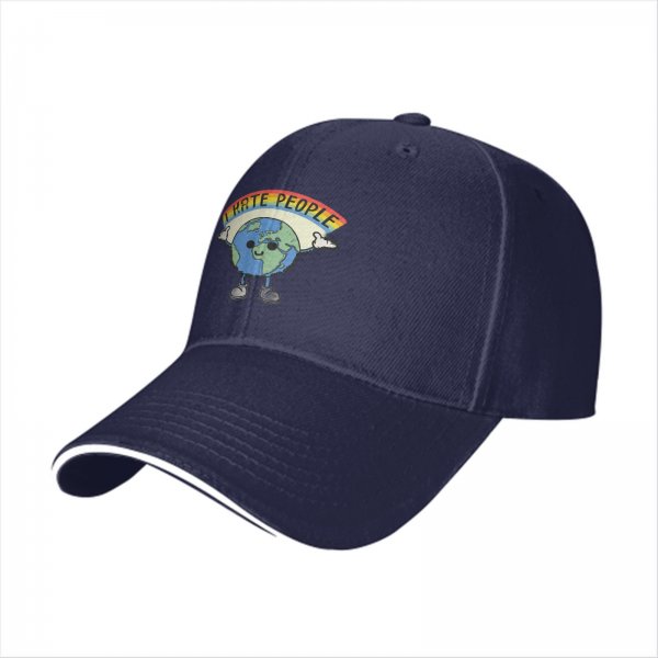 Black baseball cap with cartoon Earth graphic and 'I HATE PEOPLE' text