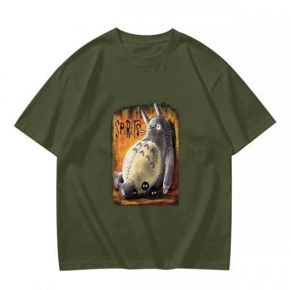 Olive green t-shirt with Totoro 'Spirits' graphic print