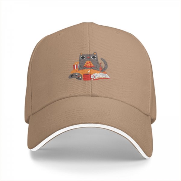 Black baseball cap with a cozy cat pizza snack and game design