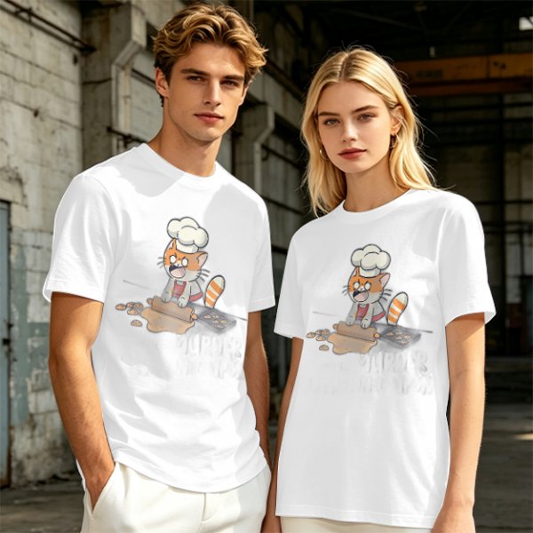 Olive T-shirt with a stressed cartoon cat baking cookies