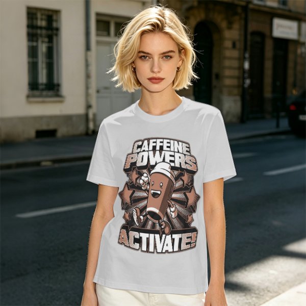 Caffeine Powers Activate! Cartoon Coffee T-Shirt Design