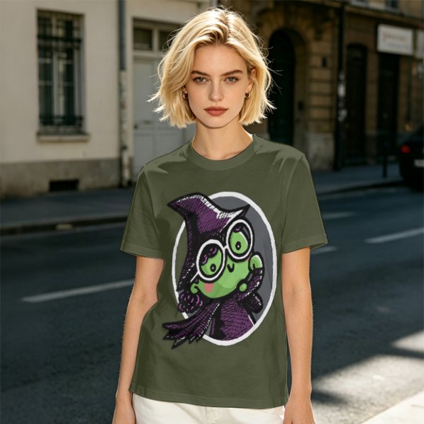 Olive T-Shirt With Cute Green Witch Wearing Glasses Graphic