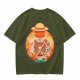 Olive T-Shirt Featuring Anime Character With Straw Hat Back View