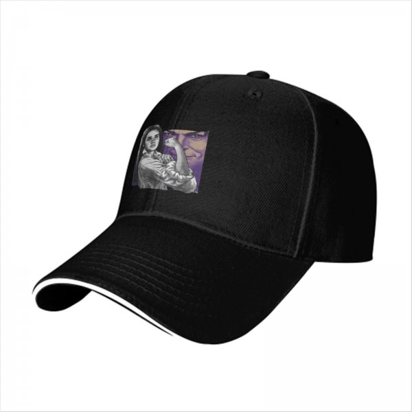 Black baseball cap with flexing woman and man face graphic