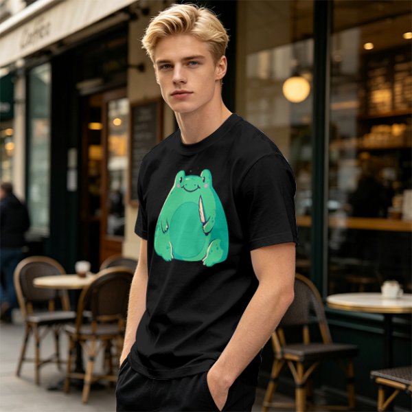 Olive Green T-Shirt With Cute Frog Holding Knife Graphic