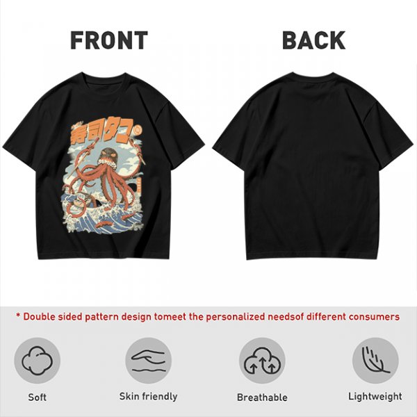 Olive t-shirt with Japanese octopus sushi warrior wave graphic