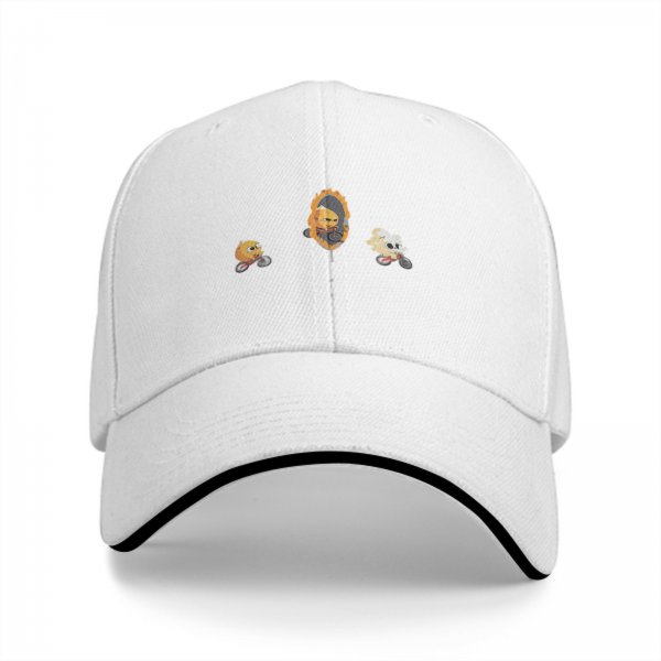 Black baseball cap with cartoon flame and character bike designs