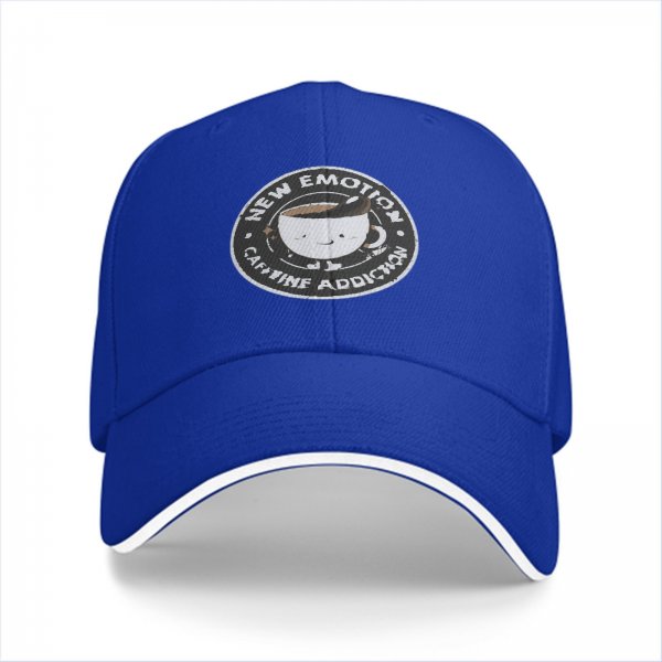 Black baseball cap with 'New Emotion Caffeine Addiction' coffee cup graphic