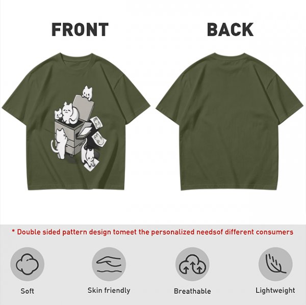 Olive T-Shirt With Playful Cats Emerging From Printer Graphic