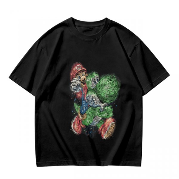 Olive T-shirt with Mario and Yoshi artistic graphic print