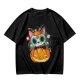 Olive t-shirt with sugar skull cat on jack-o'-lantern