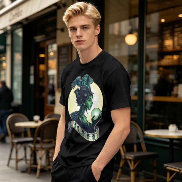 Olive Witch Graphic T-Shirt With Winged Monkey And Crystal Ball