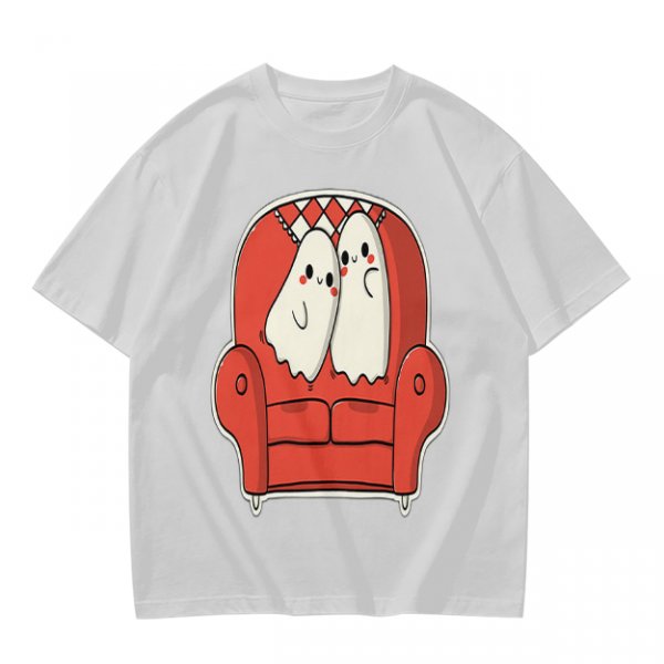 Olive T-Shirt with Cute Ghosts on Red Armchair Graphic