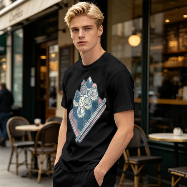 Olive T-Shirt With Sushi Themed Character Art Print