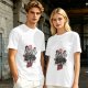 Olive graphic t-shirt with chainsaw man chasing scared person and 'Small Talk Does!' text