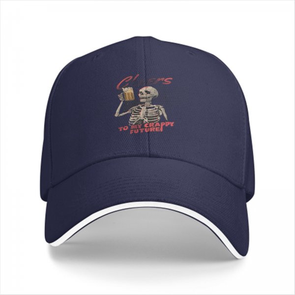 Black baseball cap with skeleton toasting beer and 'Cheers to my crappy future' text