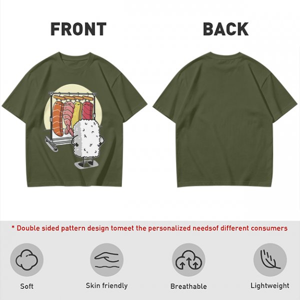 Olive T-Shirt With Funny Sushi Laundry Rack Graphic