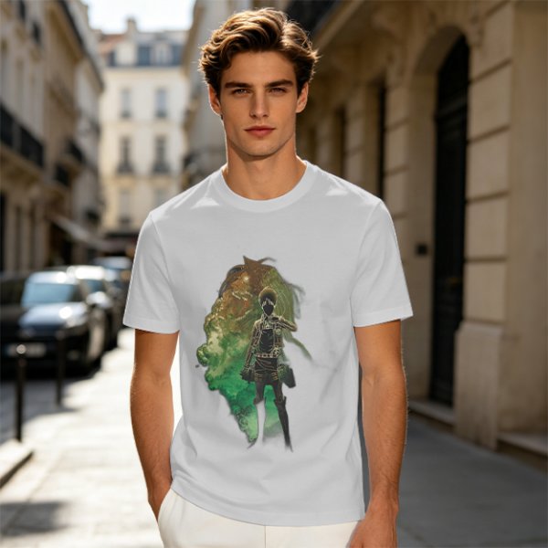 Olive Anime Graphic T-Shirt With Warrior And Giant Artwork