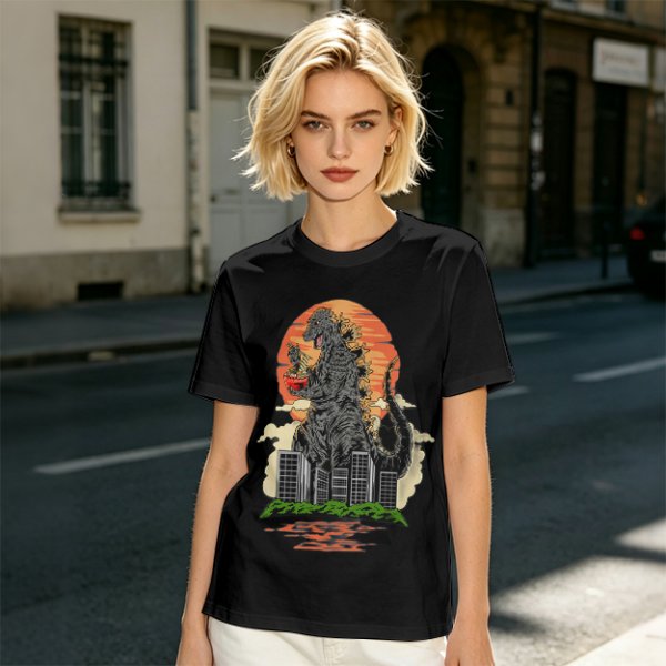 Godzilla Eating Ramen Sunset City Graphic T-Shirt