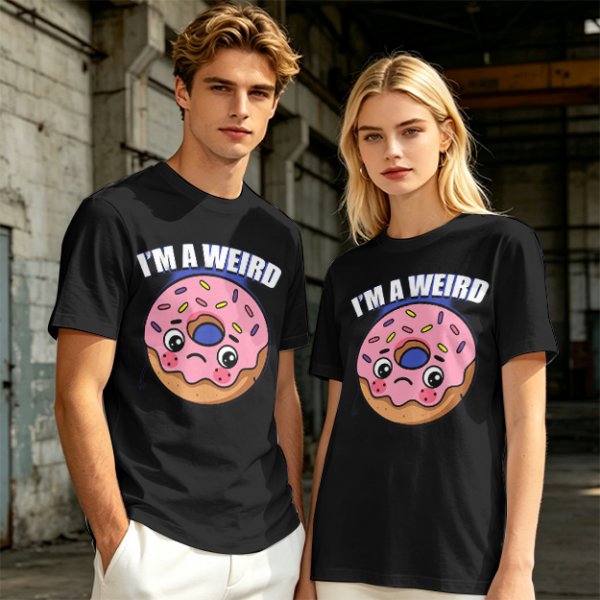 Olive green t-shirt with sad donut graphic and 'I'M A WEIRD' text