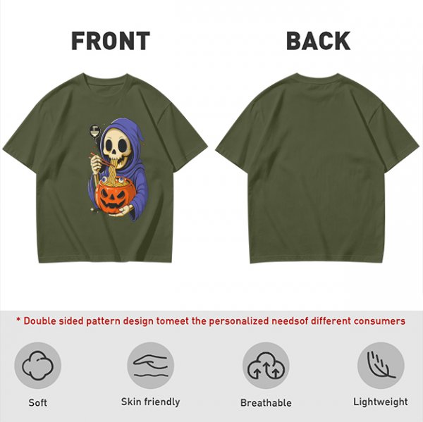 Grim Reaper Eating Ramen from Jack-o'-lantern Pumpkin Bowl T-Shirt