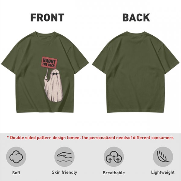 Olive T-Shirt With Ghost Holding 'Haunt The Rich' Protest Sign