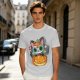 Olive t-shirt with sugar skull cat on jack-o'-lantern