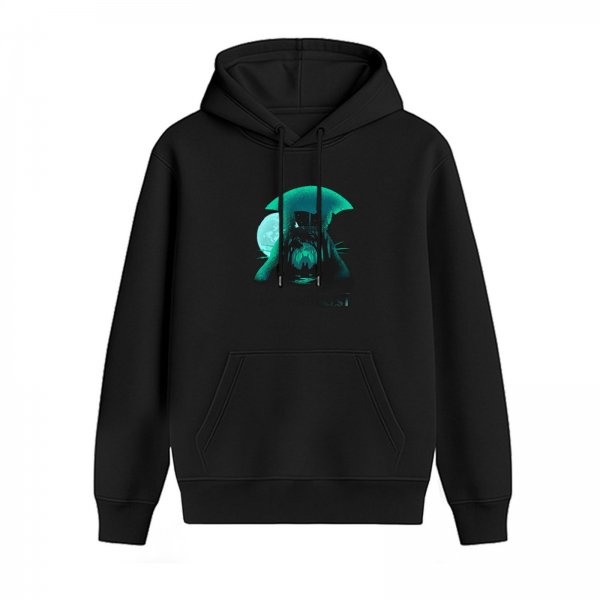 Black hoodie with glowing cat and umbrella graphic design