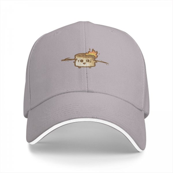 Black baseball cap with cute burning marshmallow graphic