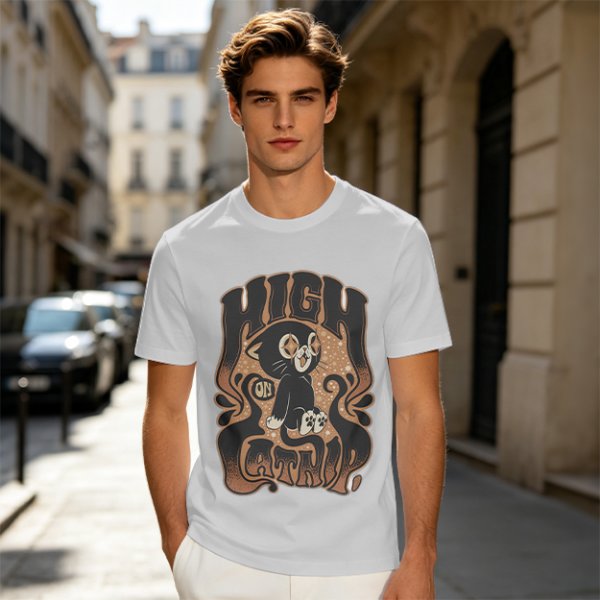 Olive green graphic t-shirt with a high on catip black cat print