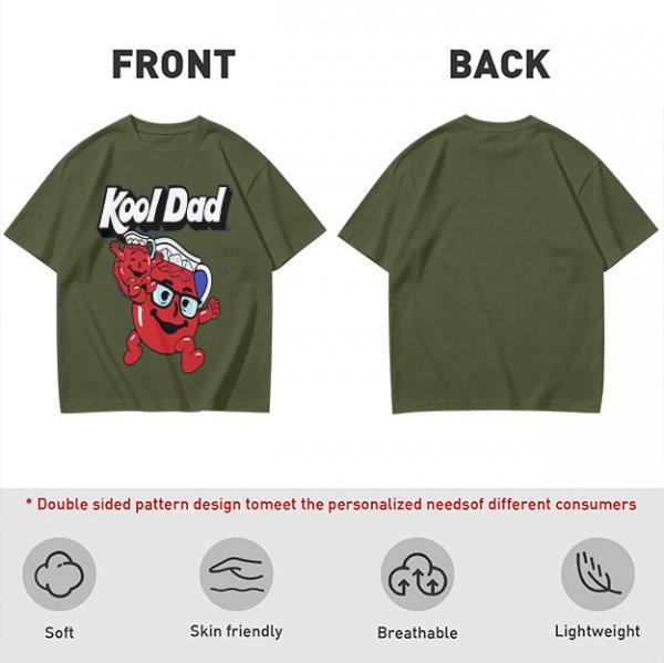 Olive green graphic t-shirt with Kool Dad and Kool-Aid mascot print