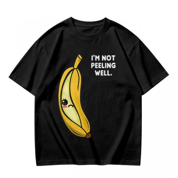 Olive T-shirt with sad banana graphic reading I'm not peeling well