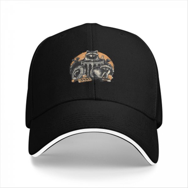 Black baseball cap with raccoons in trash graphic design