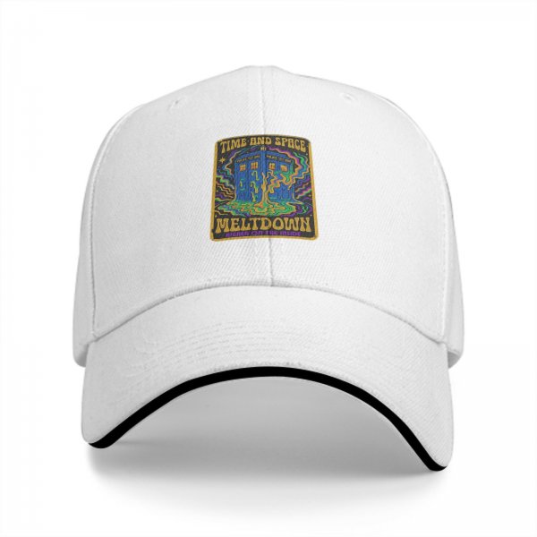 Black baseball cap with Time and Space Meltdown psychedelic TARDIS graphic