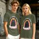 Olive graphic tee with black cat, rainbow, and 'Therapy Is Not Enough' text