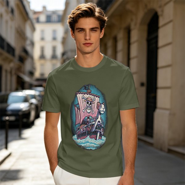Olive T-shirt with One Piece Thousand Sunny Pirate Ship Print