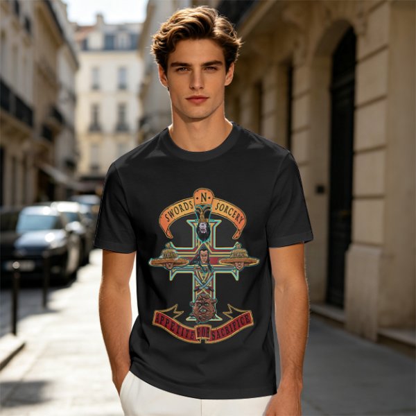 Olive graphic t-shirt with swords n sorcery appetite for sacrifice cross design